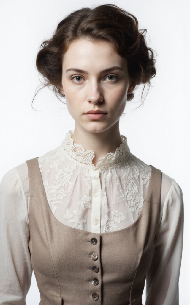 A French female model wearing a dress with a Lace   trimmed collar, white background, front   facing bust portrait